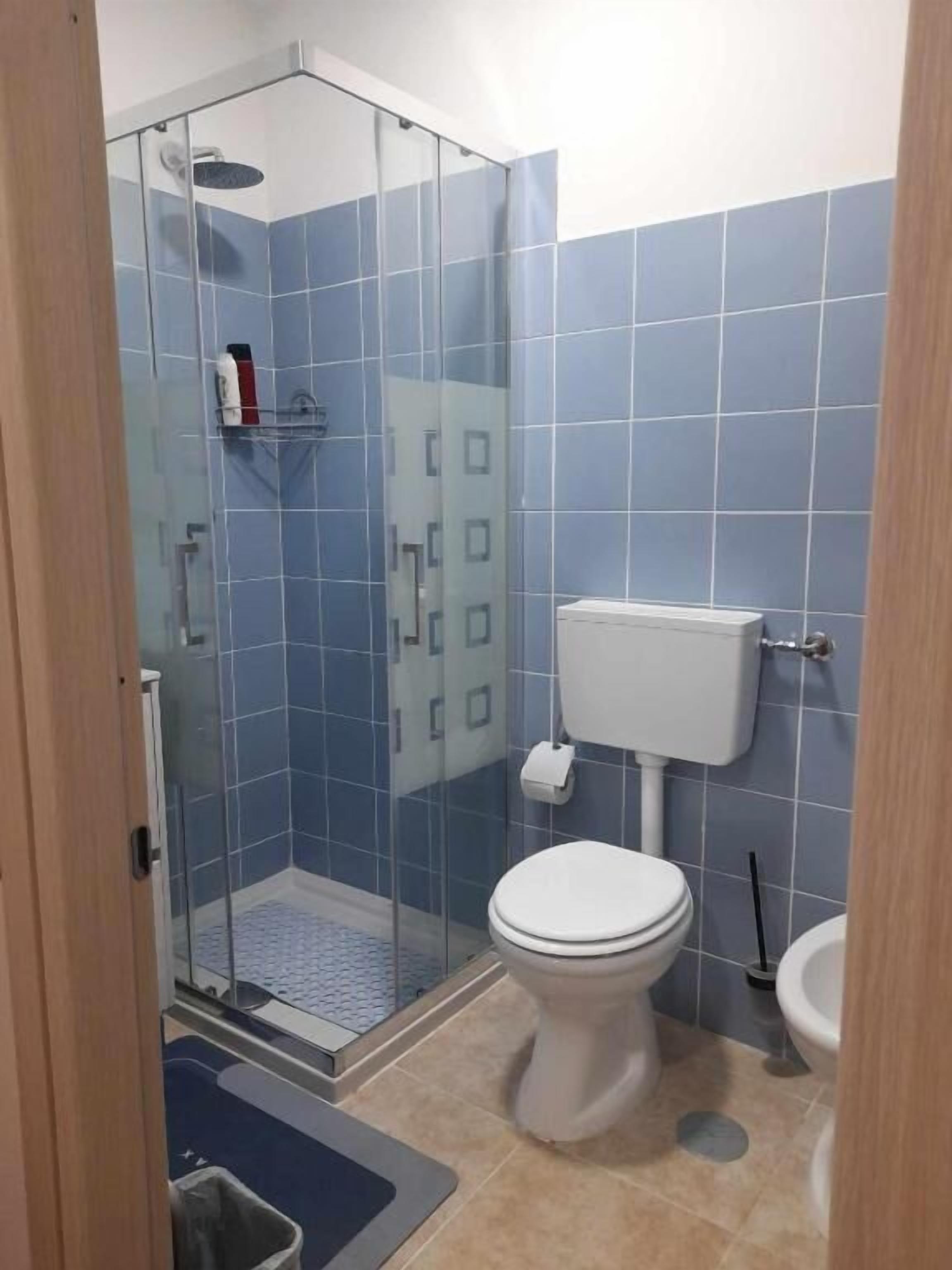A bathroom with a glass shower enclosure, a toilet, and a bidet.