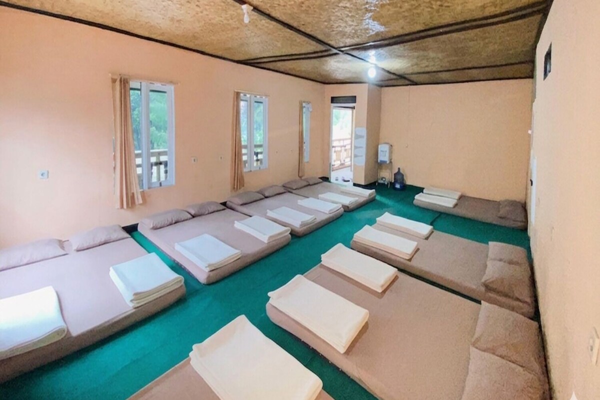 Ein Zimmer mit mehreren reihenweise angeordneten Betten, einem grünen Teppich und einer Holzziel.