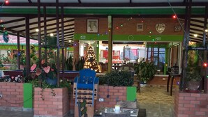 Ein Sitzbereich im Freien mit Tisch und Stühlen, einem Weihnachtsbaum und Blumentöpfen.