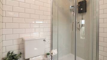 A bathroom with a toilet, a glass-enclosed shower, and a potted plant.