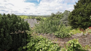 A rural landscape with a stone wall, dense greenery, and a distant view of a house.