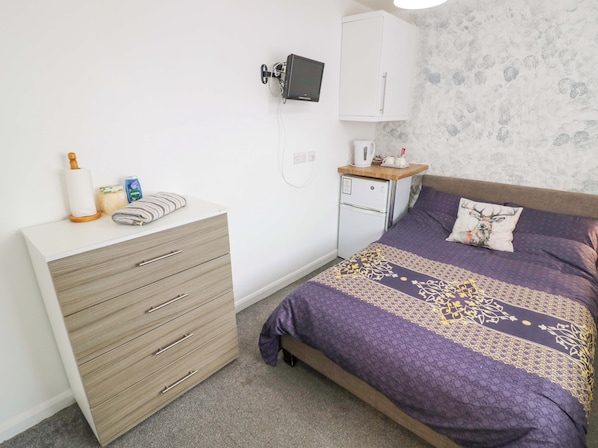 Un dormitorio con cama, cómoda, refrigerador pequeño, televisor y calefacción en la pared.