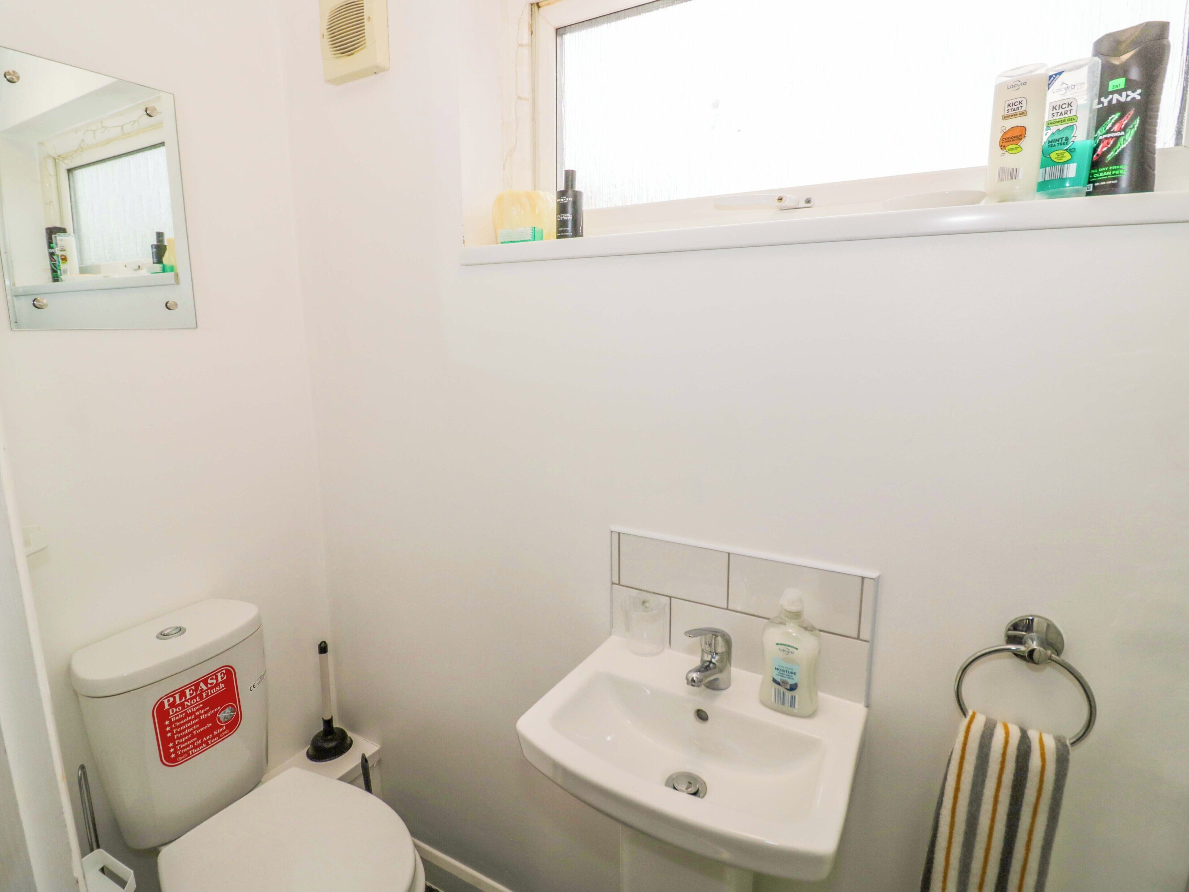 A bathroom with a toilet, sink, mirror, and window.