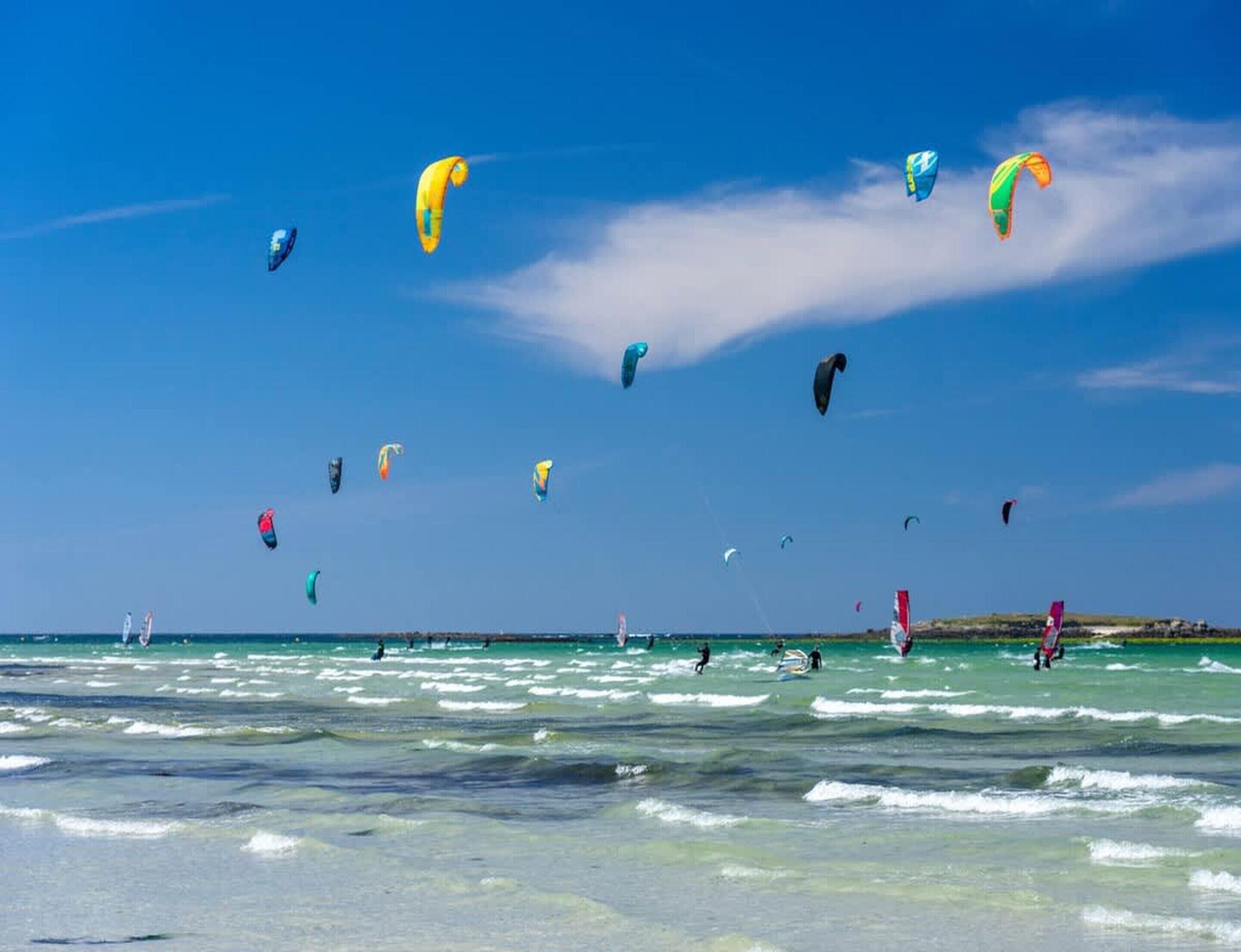 Una playa con varios cometas volando en el cielo y gente en el agua.