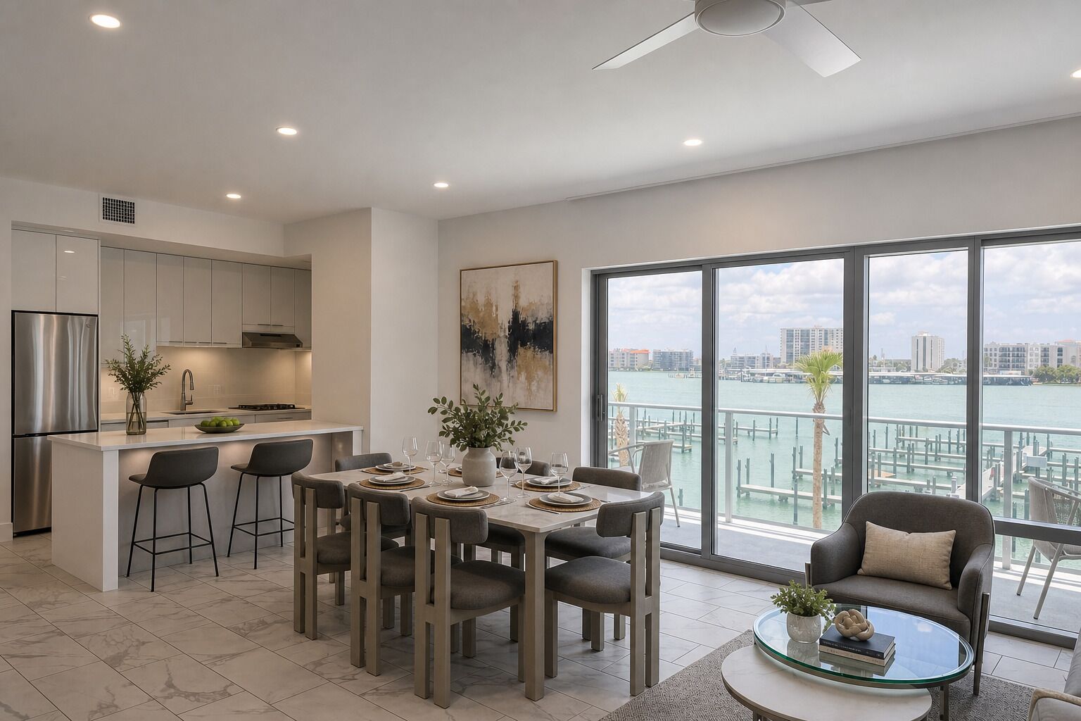 A modern kitchen with a dining area, large windows with a city view, and a balcony with a view of the water.