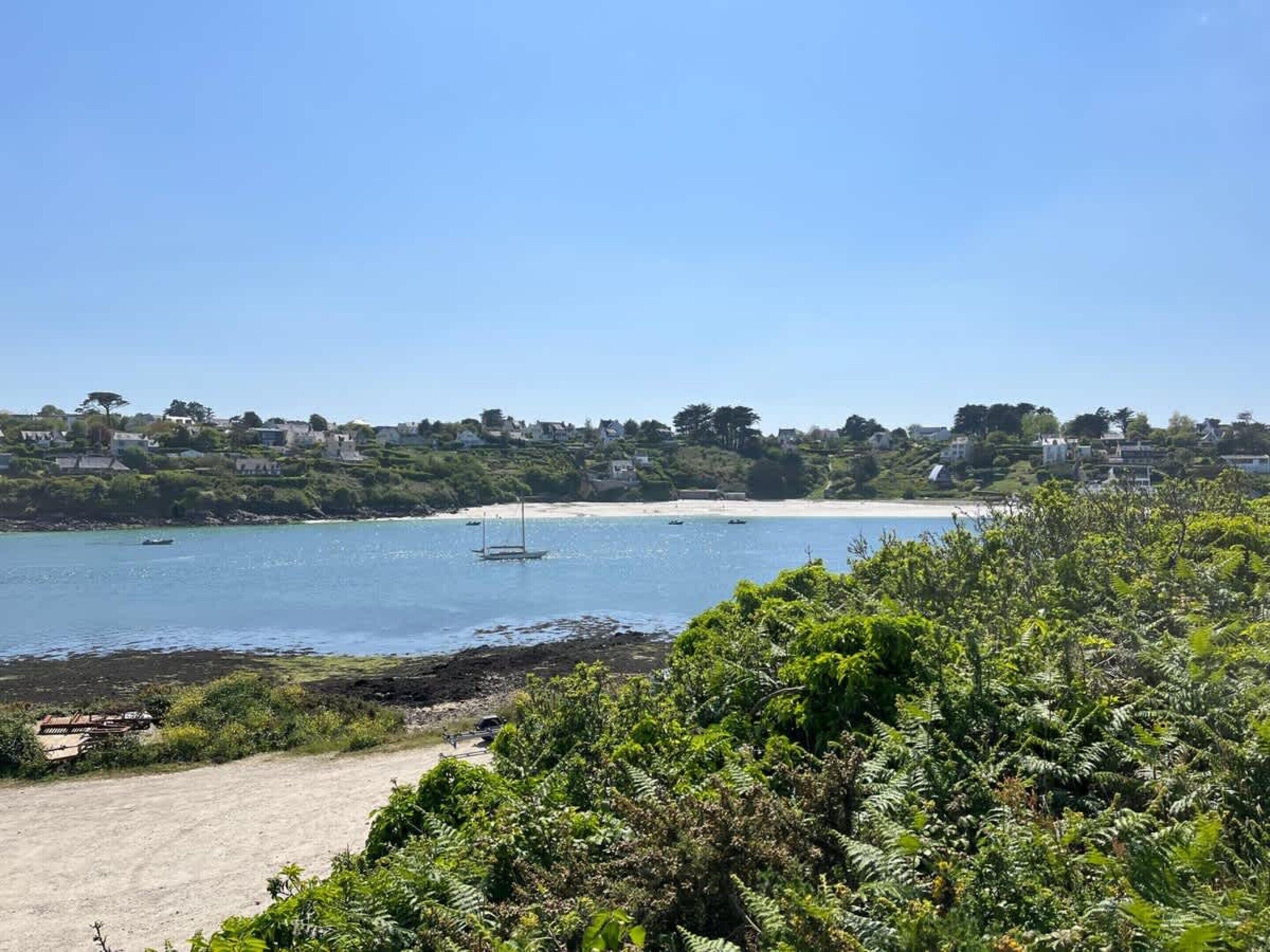 A coastal view with a sandy beach, boats, and a dense green area in the foreground.