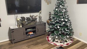 A living room with a television, a fireplace, a Christmas tree, and a bookshelf.