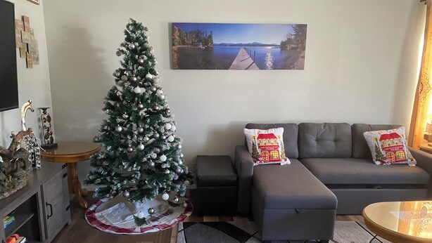 A living room with a Christmas tree, a sofa, a coffee table, and a painting on the wall.