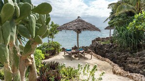 Un entorno playero con un quiosco de paja, asientos de madera y cactus.