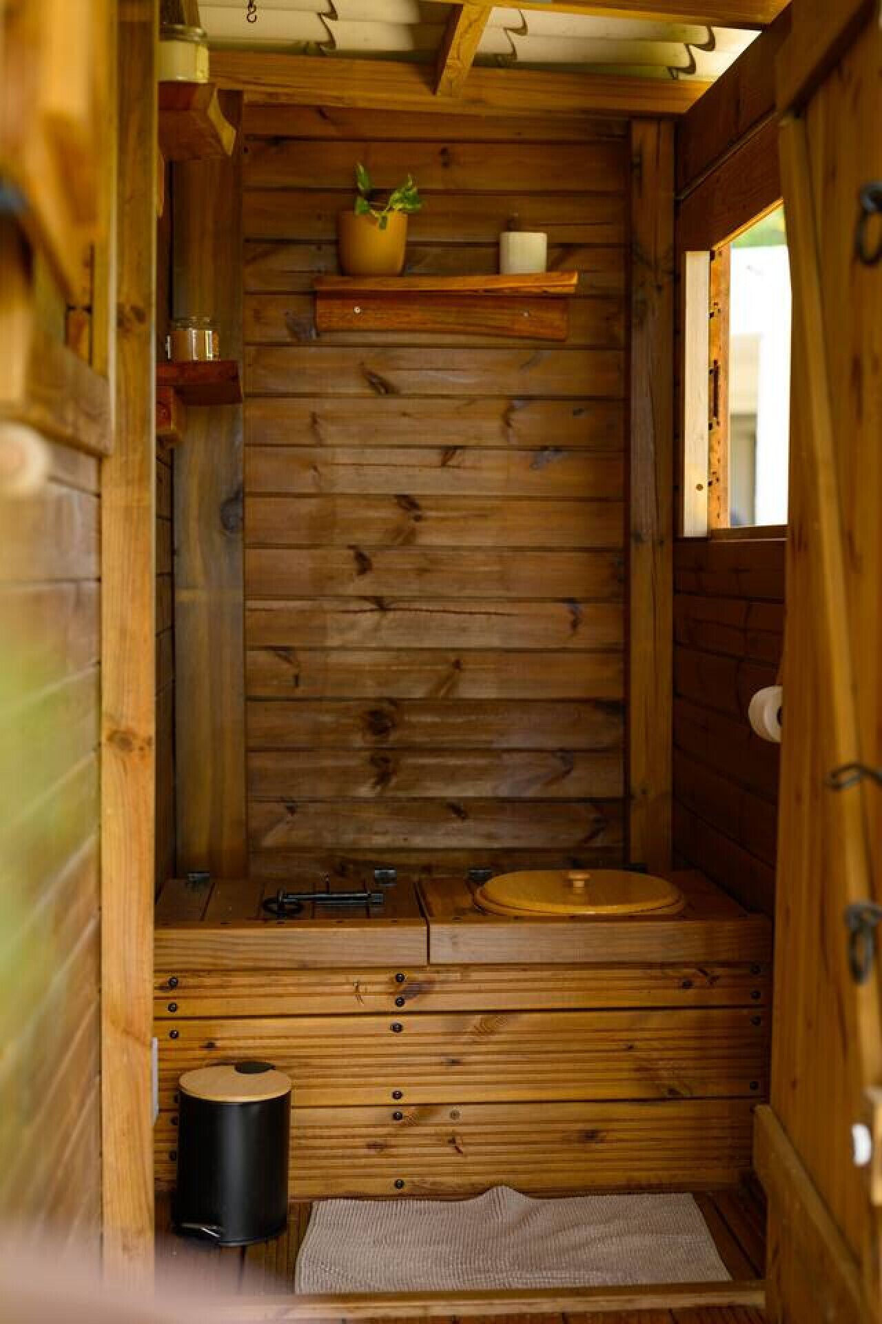A wooden sauna with a bench, a shelf with a potted plant, and a small trash bin.