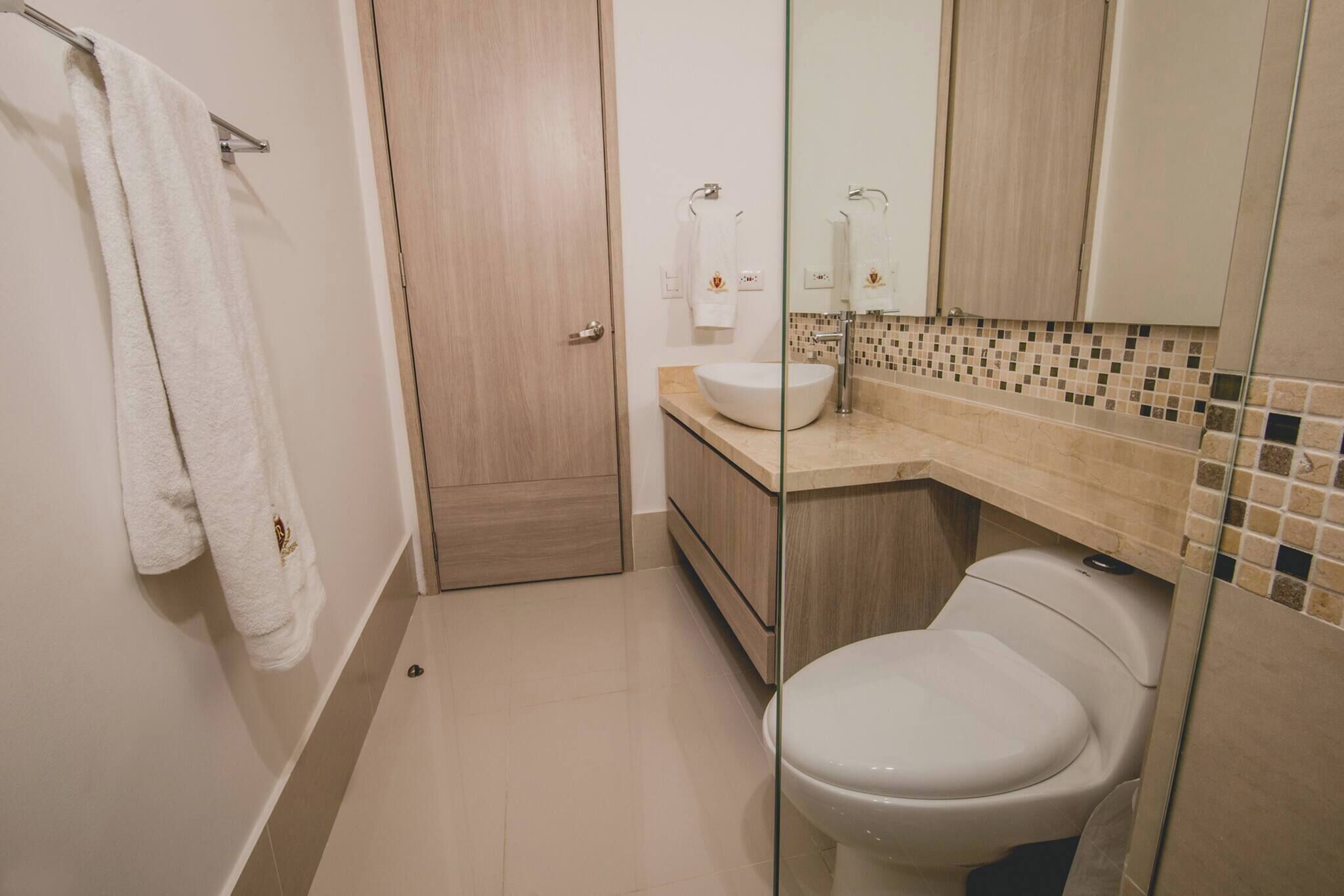 A bathroom with a toilet, a sink, a towel rack, and a door.