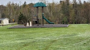 Un'area giochi con uno scivolo e una struttura di arrampicata, circondata da un prato e alberi.