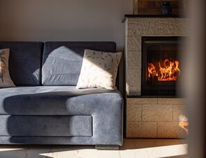 A modern living room with a sofa, a fireplace, and a stone accent wall. - Year-round Holiday Home With Fireplace and Terrace (Mielno)