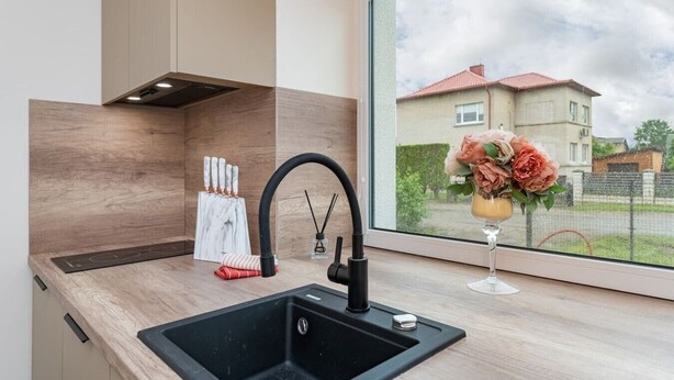 Una cucina moderna con un lavello nero, una finestra che mostra una casa e un vaso con fiori.