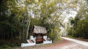 Una estructura rústica con techo de paja identificada como 'El Sombrero Ecological Lodge', con un sendero de tierra que atraviesa un bosque.