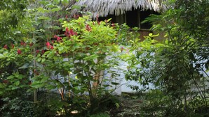 Una cabaña con techo de paja rodeada de follaje denso y plantas con flores.