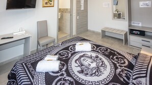 Habitación de hotel con cama, escritorio, silla, televisor, espejo y zona de ducha.