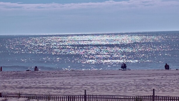 Ein Strand mit Menschen, die sitzen und am Ufer entlanggehen.