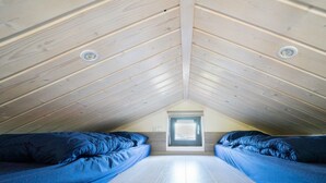 Une petite chambre mansardée avec deux lits, un puits de lumière et un plafond en bois.