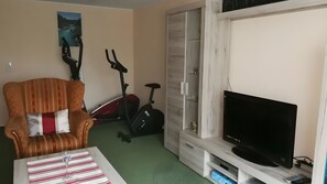 Ein Wohnzimmer mit einer Couch, einem Fernseher, einem Heimtrainer und einem Bild an der Wand.