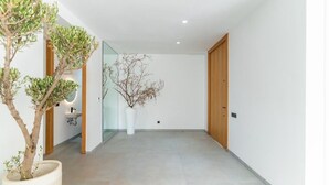 A modern interior with a hallway, a potted plant, a glass partition, and a wooden door. - Palais Eden (Marrakech)