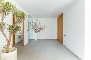 Ein modernes Interieur mit einer Diele, einem Blumentopf, einer Glastrennwand und einer Holztür.
