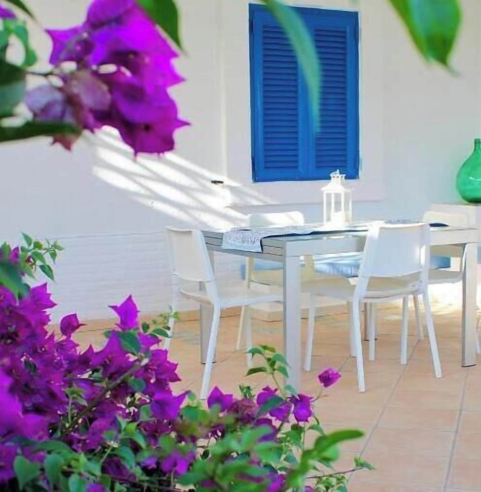 A dining area with a table and chairs, a window with blue shutters, and purple bougainvillea plants.