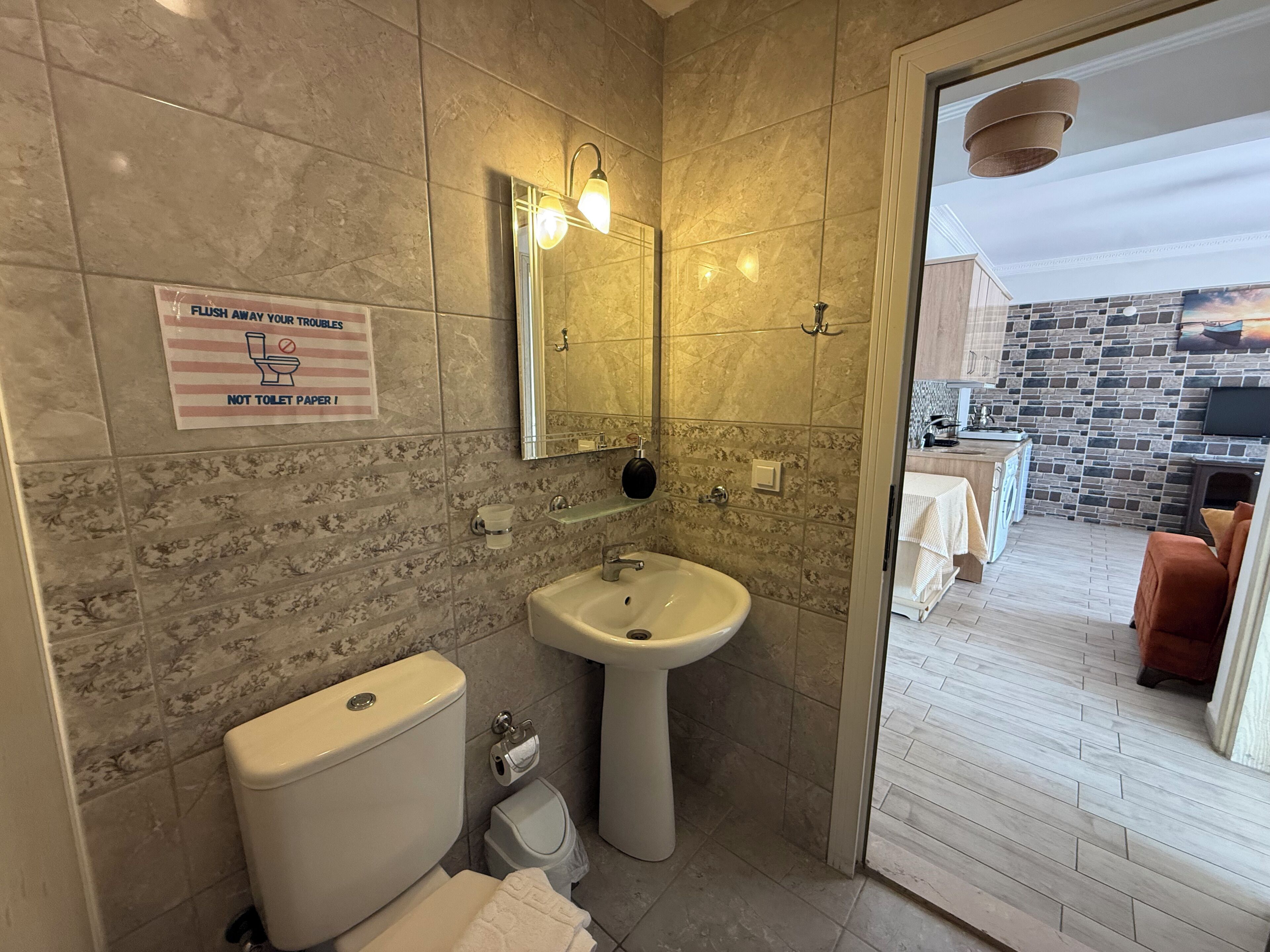 A bathroom with a toilet, sink, and mirror, a sign instructing not to use toilet paper, and a view into a living area with a TV and a brick wall.
