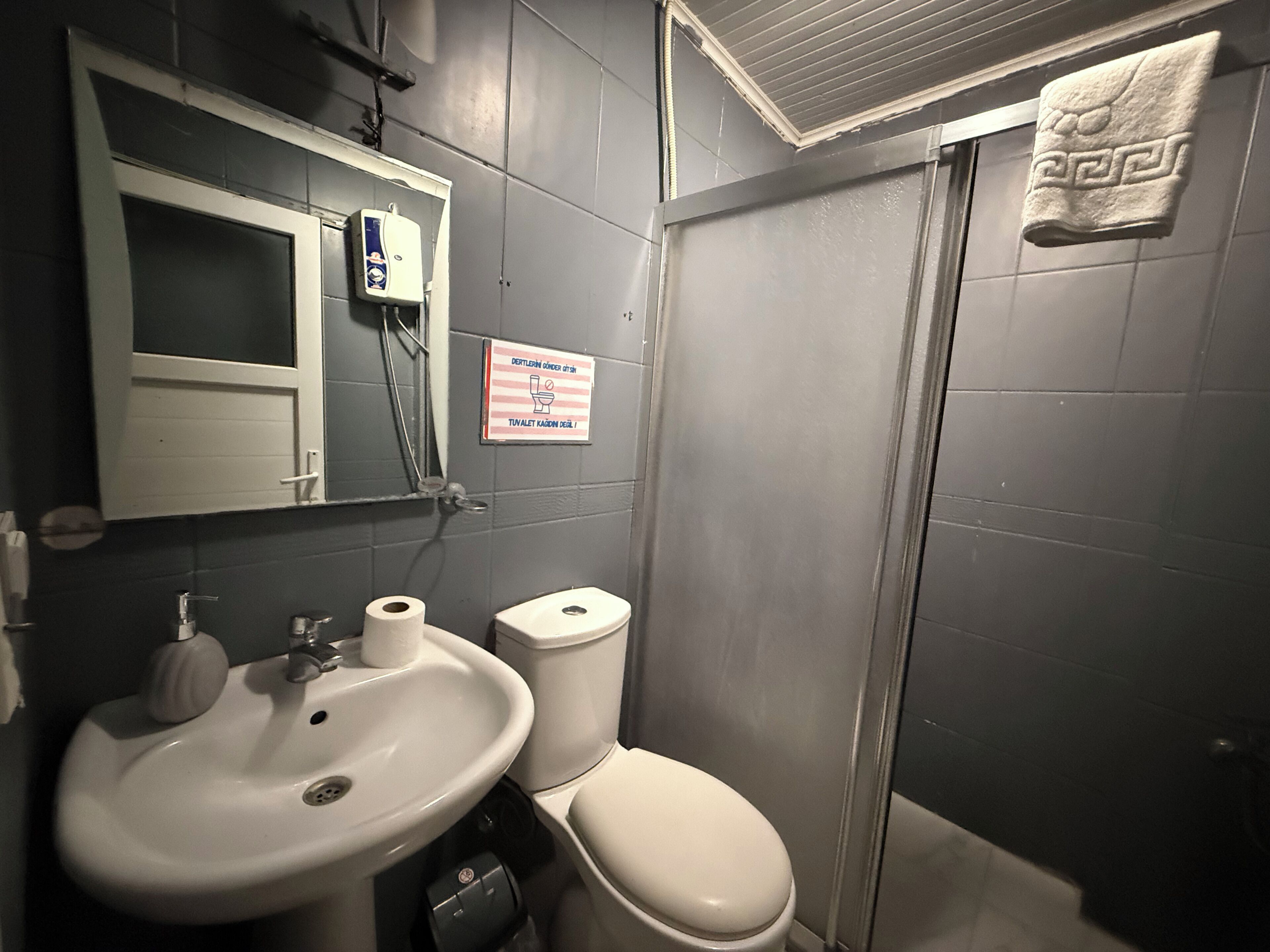 A bathroom with a sink, toilet, and a shower stall.