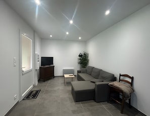 Ein modernes Wohnzimmer mit einem Ecksofa, einem Fernseher, einem kleinen Tisch, einer Pflanze und einer Tür mit Fußmatte.