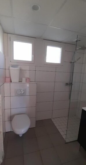 Une salle de bain comprenant des toilettes, un lavabo et un espace douche.