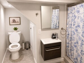 Shower, hair dryer, towels, soap - Historic Barn View | Cozy River Retreat (Frelinghuysen Township)