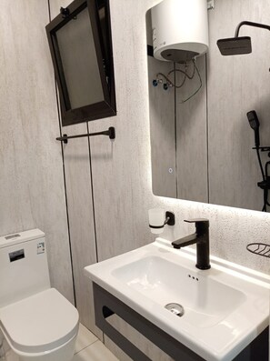 Un baño con inodoro, lavamanos, espejo y cabezal de ducha.