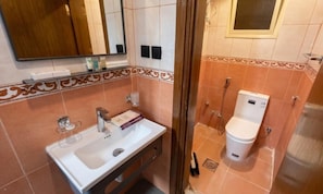 Une salle de bain équipée d’un lavabo, d’un miroir, de toilettes et d’une douche.