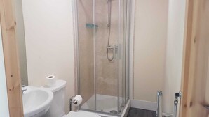 Une salle de bain avec une douche à parois de verre, un lavabo et du papier toilette.