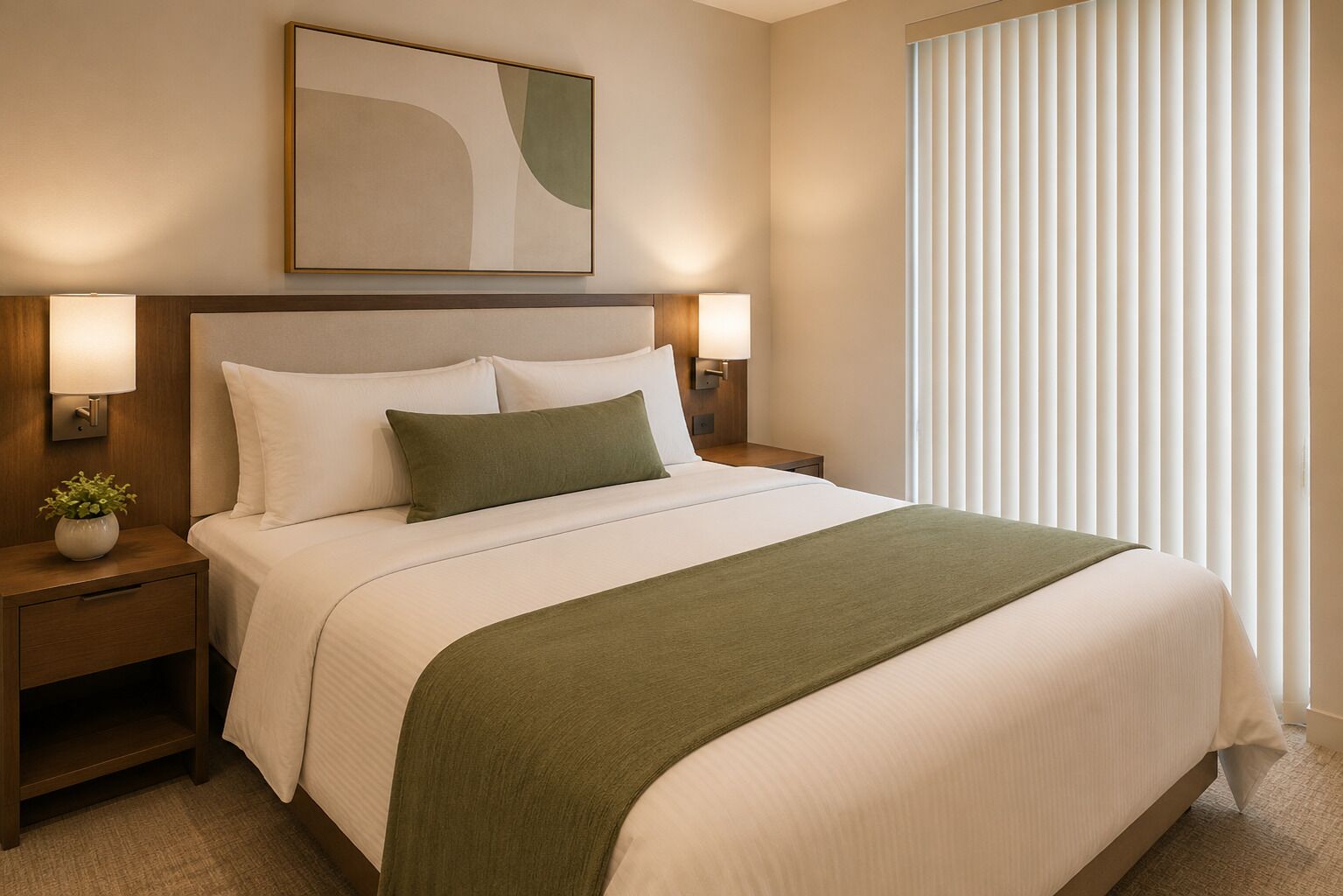 Ein Hotelzimmer mit einem großen Bett, zwei Nachttischen mit Lampen, einem an der Wand hängenden abstrakten Gemälde und einem Fenster mit Jalousien.