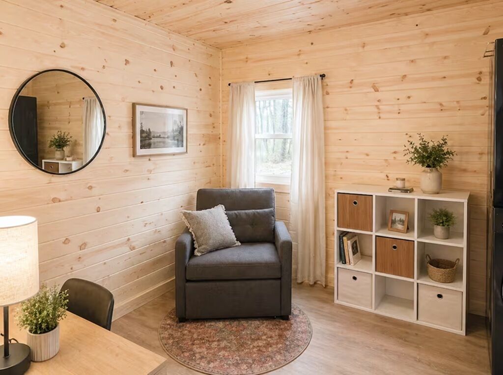 Une pièce chaleureuse avec un canapé, un miroir rond, un tableau encadré, une fenêtre avec des rideaux et une bibliothèque intégrée.