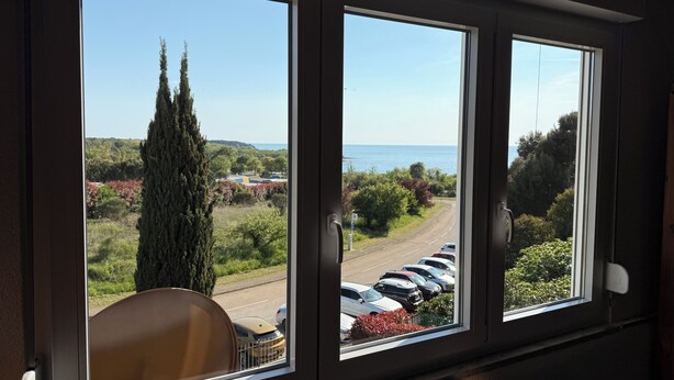 Ein Zimmer mit drei Fenstern, mit Blick auf eine Straße, parkende Autos und Grünflächen.