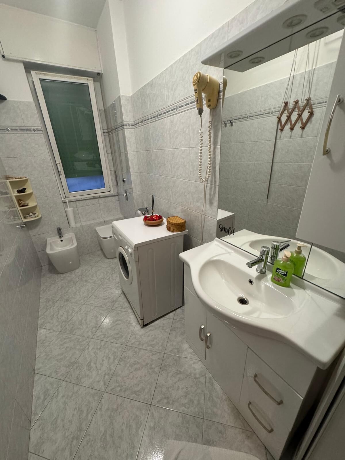 Sèche-cheveux, bidet, savon, papier toilette