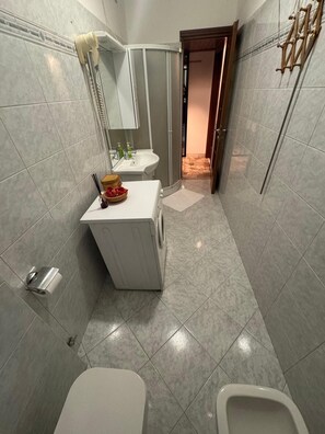 Secador de pelo, bidet, jabón, papel higiénico