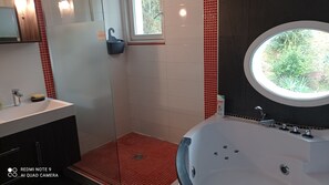 Shower, hair dryer, towels, soap