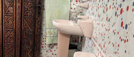 Un baño con una puerta de diseño, un lavabo y un inodoro.
