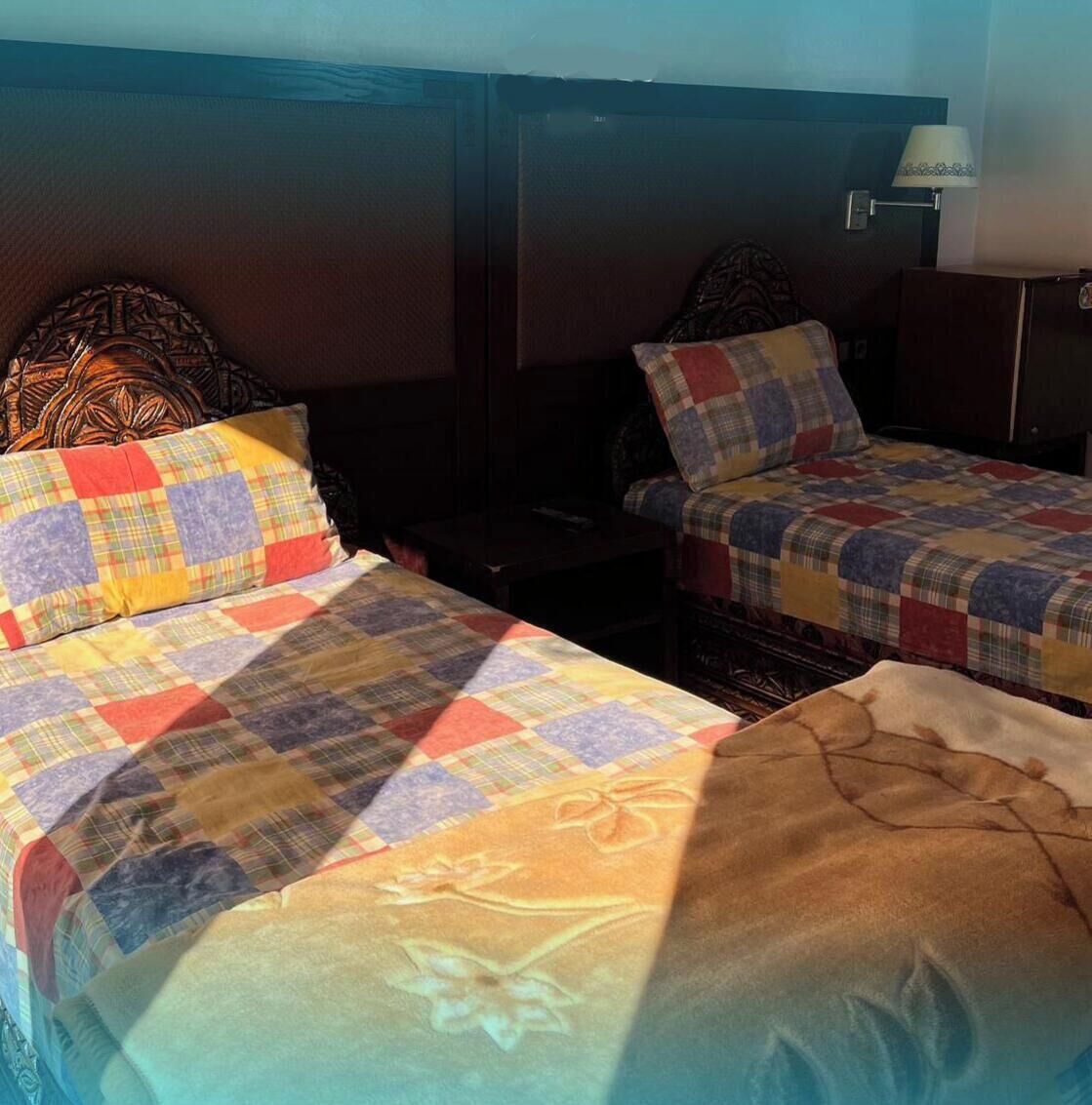 Twee eenpersoonsbedden met geborduurde dekbedovertrekken, een nachtkastje, een lamp en een donker houten hoofdbord.