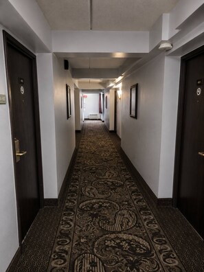 Un pasillo de hotel con alfombra estampada, puertas oscuras y cuadros en las paredes.