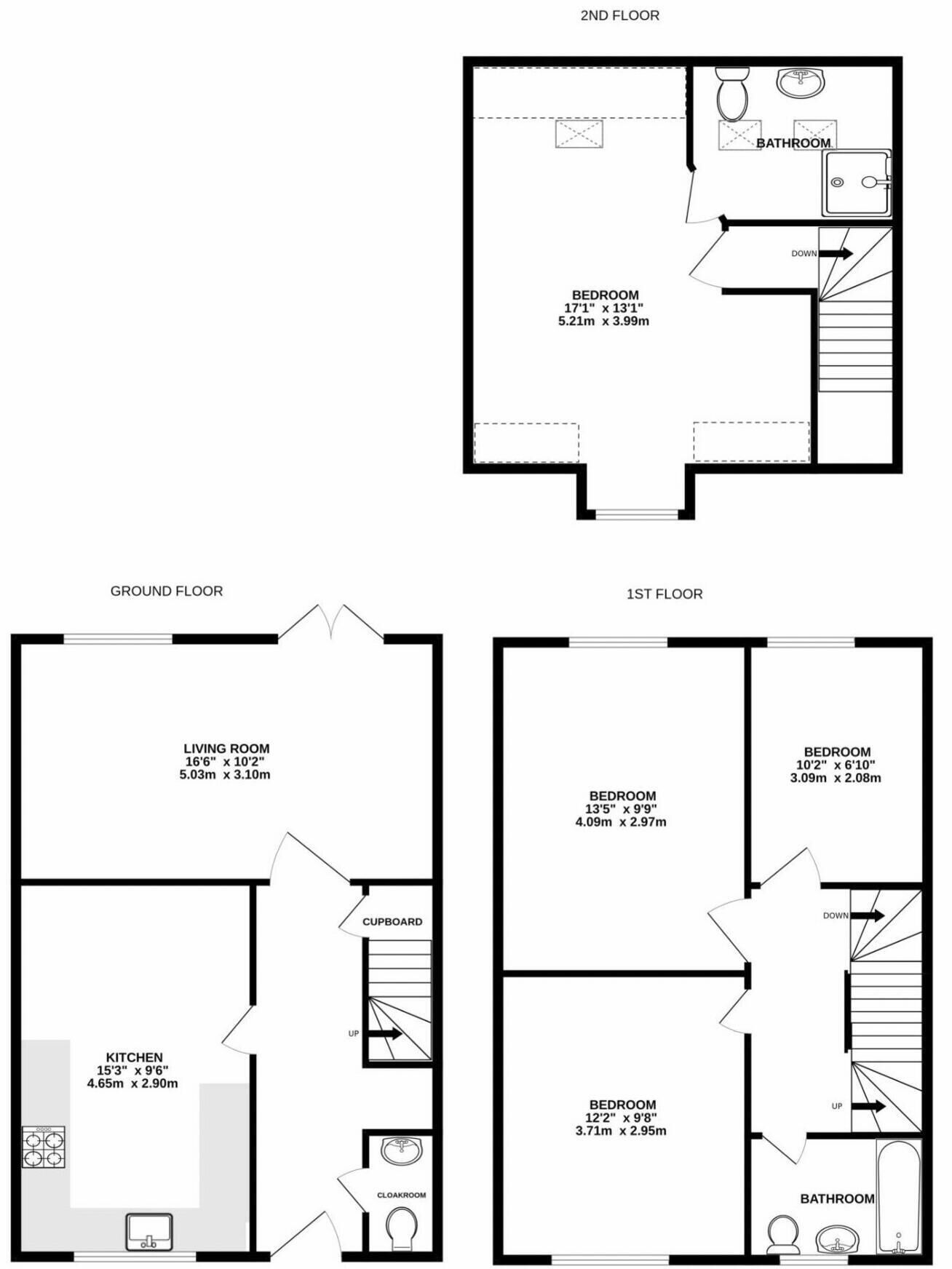 A 2nd floor layout with a bedroom, bathroom, and a living room.