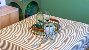 Un canapé à rayures, sur lequel repose un plateau avec un verre et une bouteille, une petite plante en pot et un livre sur une étagère.