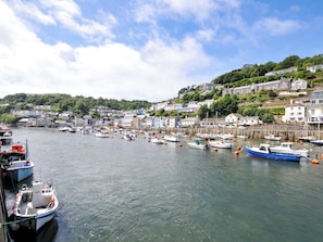 A harbor with boats docked, a waterfront town with buildings, and a hill with greenery. - Overdale (Looe)