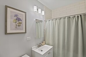 Un bagno con una stampa botanica incorniciata, un lavabo con specchio e una tenda da doccia.