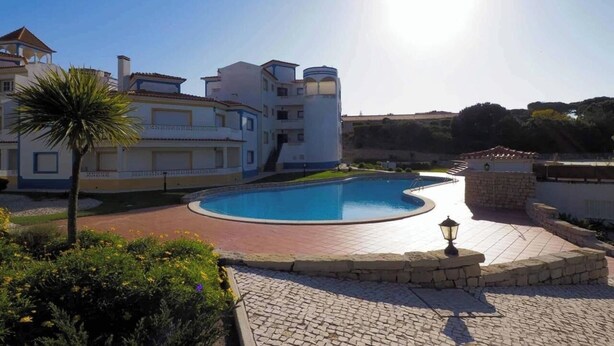 Un espace piscine comprenant une piscine aux formes arrondies, un palmier et un bâtiment doté de nombreux balcons.