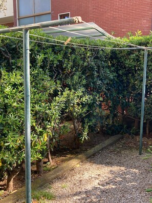 A garden area with a metal structure, gravel ground, and dense foliage.